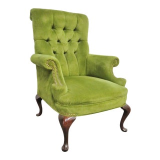 Queen Anne Mahogany Green Tufted Wing Chair For Sale