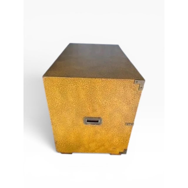 Wood 1970s Henredon Campaign-Style Chest of Drawers — Faux Shagreen Finish, Brass Hardware For Sale - Image 7 of 18