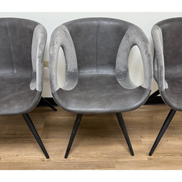 Metal 2022, Scan Design, Orion Dining Chair (Set of Four), Alu Grey Velvet & Vintage Grey Eco-Pele For Sale - Image 7 of 11