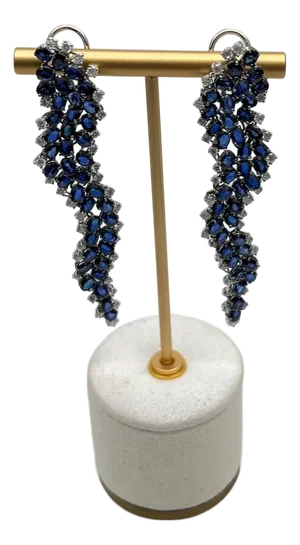 Blue Sapphire Cascade Wave Diamonds 18k White Gold Statement Fancy Earrings, A Pair