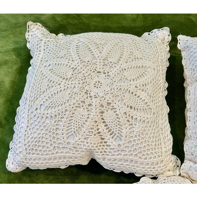 Vintage Set of 3 Soft White Cotton Crochet Lace Flower Accent Pillows For Sale - Image 4 of 7