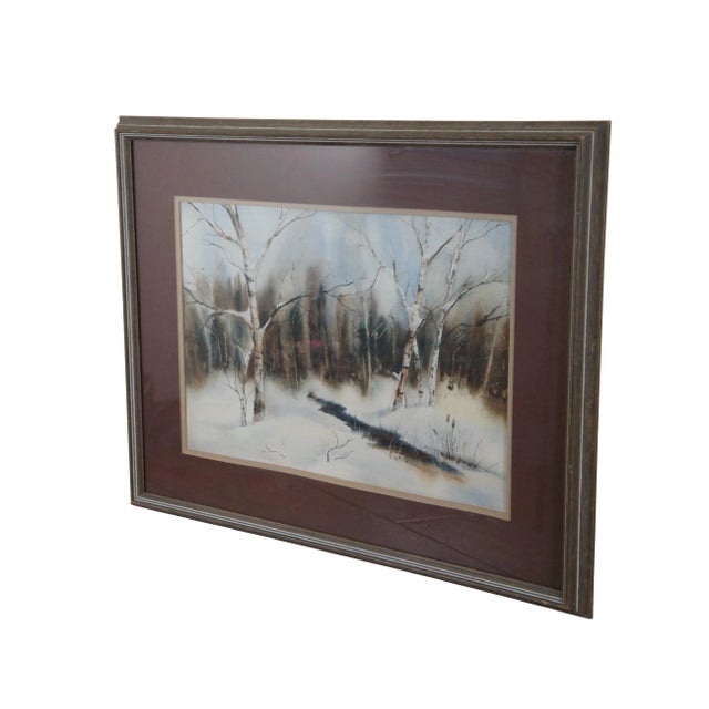 Vintage 1975 watercolor on paper landscape painting titled "December Morning" by Sean Toomey showing a snow covered forest...
