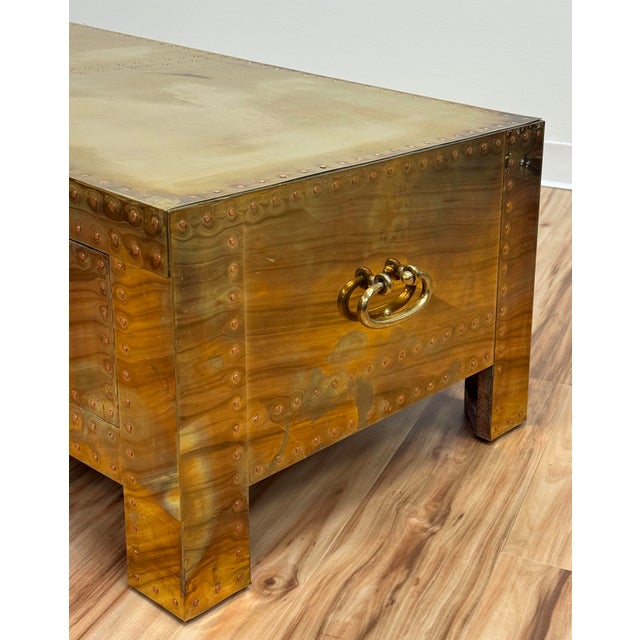 Vintage Brass Clad Sarreid LTD Coffee Table Trunk For Sale - Image 10 of 14
