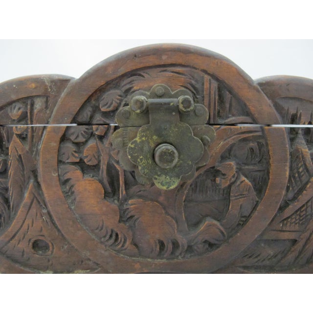 Chinoiserie Chinese Carved Camphor Wood Landscape & Figural Cylindrical Lidded Trinket Box For Sale - Image 3 of 13