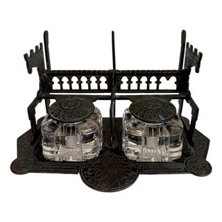 Antique 1879 Patent Double Inkwell With Cast Metal Stand, Pen Rests and Crystal Glass Ink Pots For Sale
