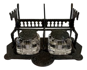 Antique 1879 Patent Double Inkwell With Cast Metal Stand, Pen Rests and Crystal Glass Ink Pots