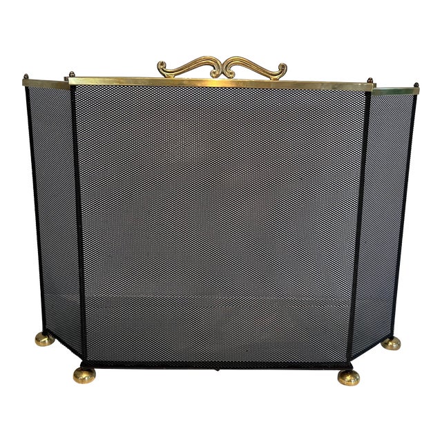 1970s Brass and Grilling Fireplace Screen For Sale
