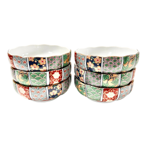 Vintage Japanese Imari 22k Gold Rice Bowls – Hand Painted Japanese Floral Vase Panel Design, Scalloped Rim - Set of 6