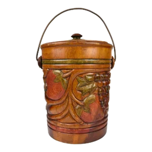 Mid 20th Century Solid Wood Carved Grape and Strawberry Motif Bucket Bin With Lid and Handle
