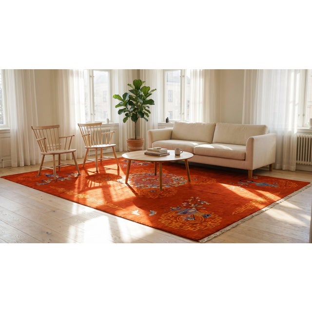 1920s Ruby Red Vase Medallion Antique Chinese Art Deco Carpet 9' X 12' Knotted Wool Rug For Sale - Image 13 of 14