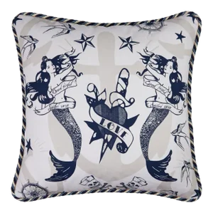 'Sailors Ruin' Nautical Mermaids Pillow, 20", Navy Blue and White