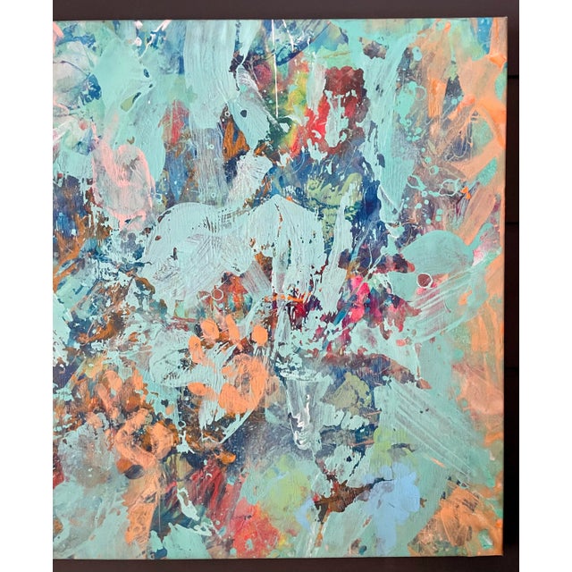 Textile Original Aqua and Peach Abstract Painting on Canvas For Sale - Image 7 of 9
