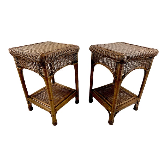 Mid-Century Coastal Boho Chic Walnut Stained Wicker Side Tables - A Pair. For Sale