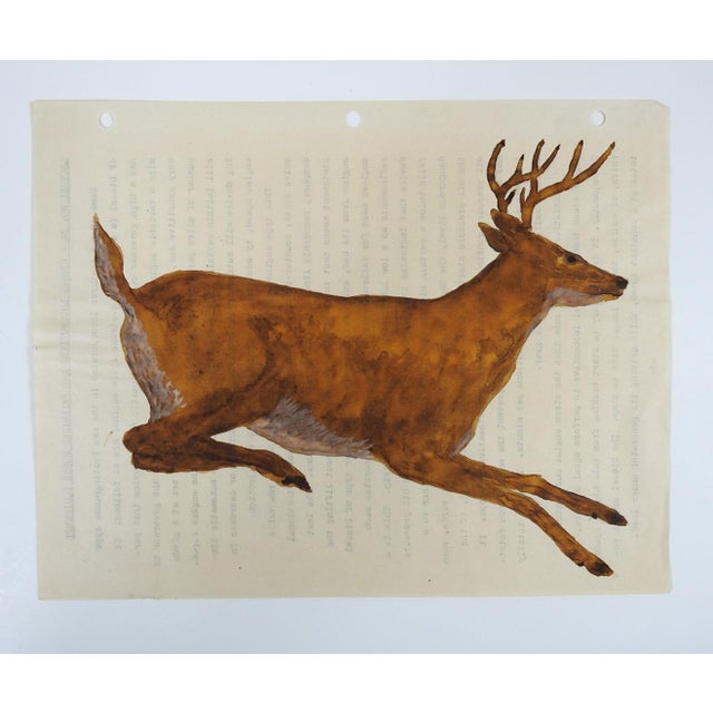 Rustic 1940s Outsider Folk Art Deer Watercolor Painting For Sale - Image 3 of 3