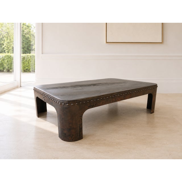 Industrial Vintage French Industrial Coffee Table in Riveted Metal, 1920 For Sale - Image 3 of 11