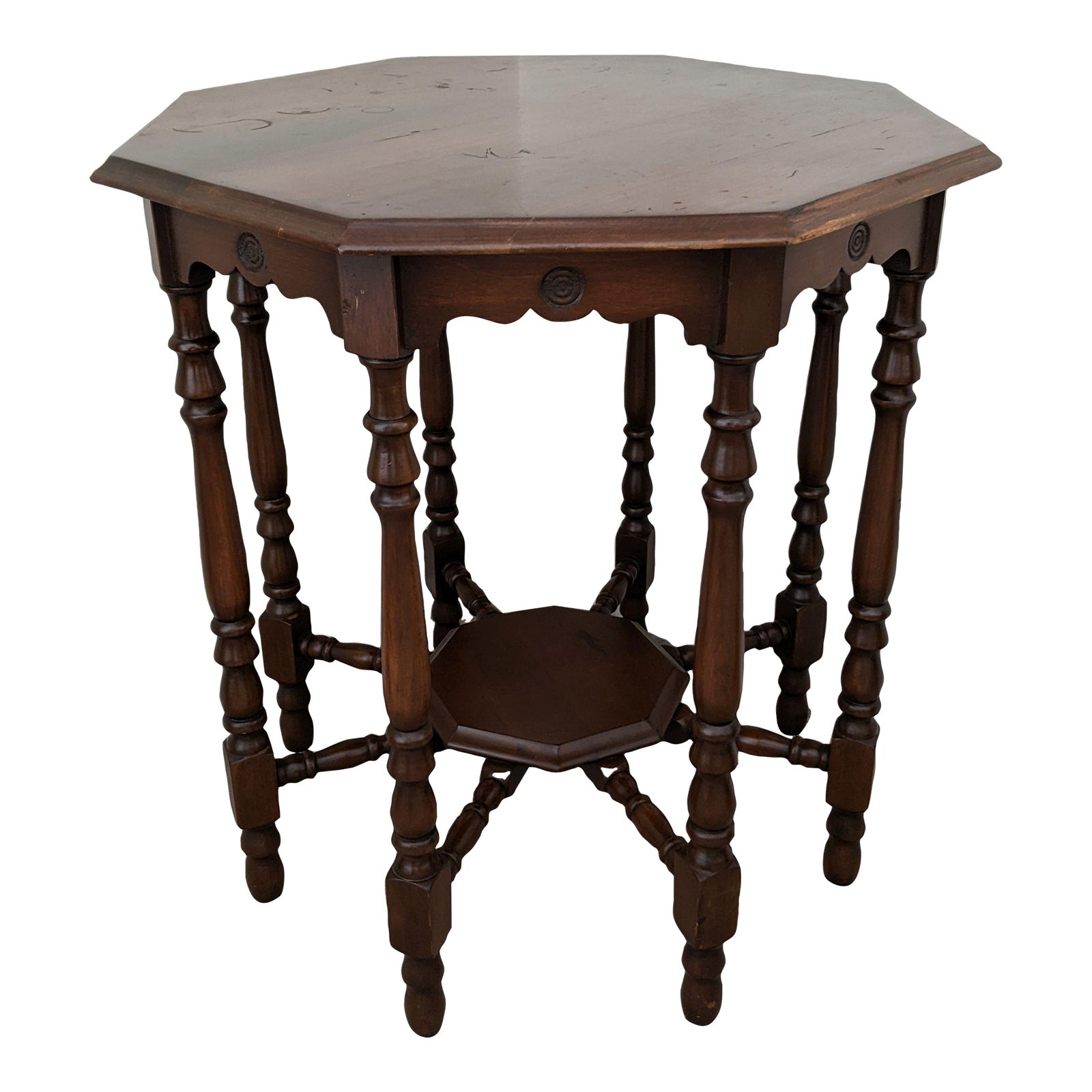 1950s Vintage 8 Turned Spindle Legs & Stretchers Octagonal Gueridon