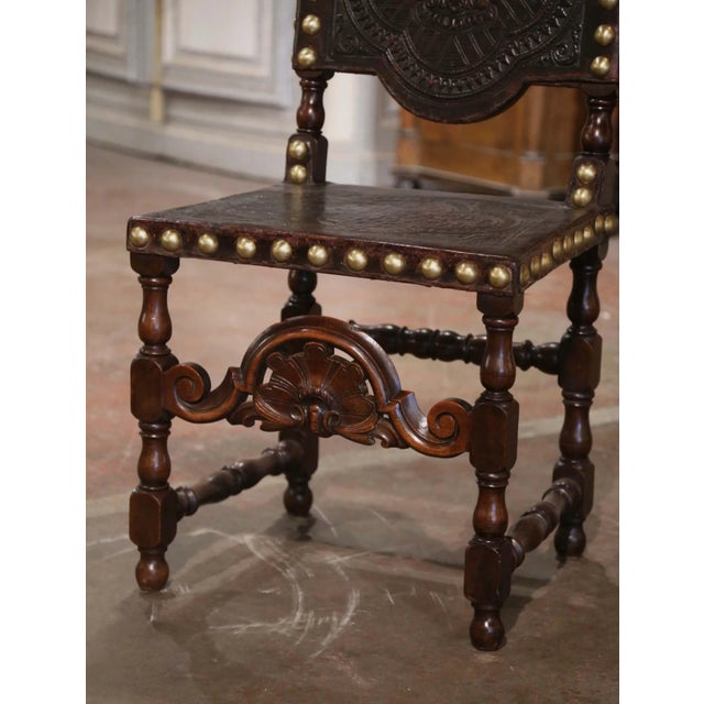 18th Century Portuguese Renaissance Carved Walnut Chair With Embossed Leather For Sale In Dallas - Image 6 of 7