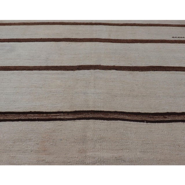 Ivory Ground Vintage Turkish Kilim Rug With Brown Stripes Wool Design For Sale - Image 4 of 11