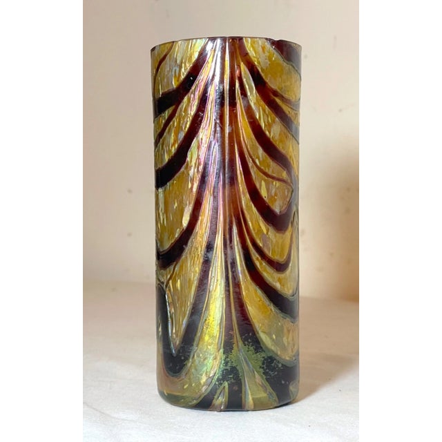 Abstract Antique Hand Blown Kralik Czech Aurene Iridescent Rainbow Cylinder Glass Vase For Sale - Image 3 of 12