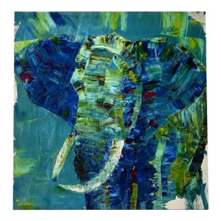 Late 20th Century Blue Teal Textured Elephant Oil Painting For Sale