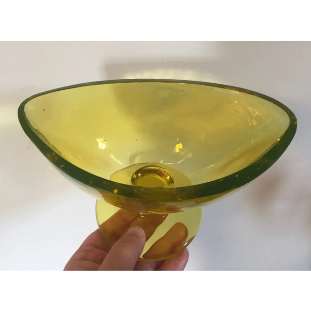 Yellow Early 20th Century Yellow Glass Navette Shape Footed Compotes - A Pair For Sale - Image 8 of 13