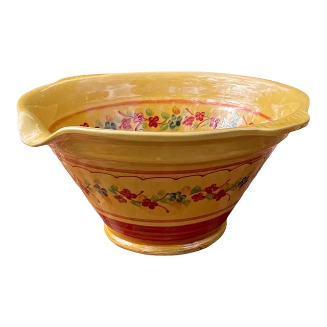 1990s French Handmade Engobe Pottery Mustard Yellow X-Large Mixing / Serving Bowl With Spout & Handles For Sale