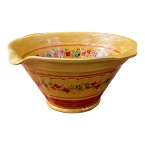 1990s French Handmade Engobe Pottery Mustard Yellow X-Large Mixing / Serving Bowl With Spout & Handles