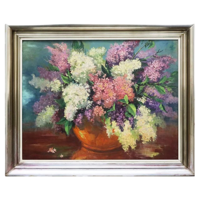Latvian Artist, Lilac Bouquet, 1950s, Canvas Painting, Framed For Sale