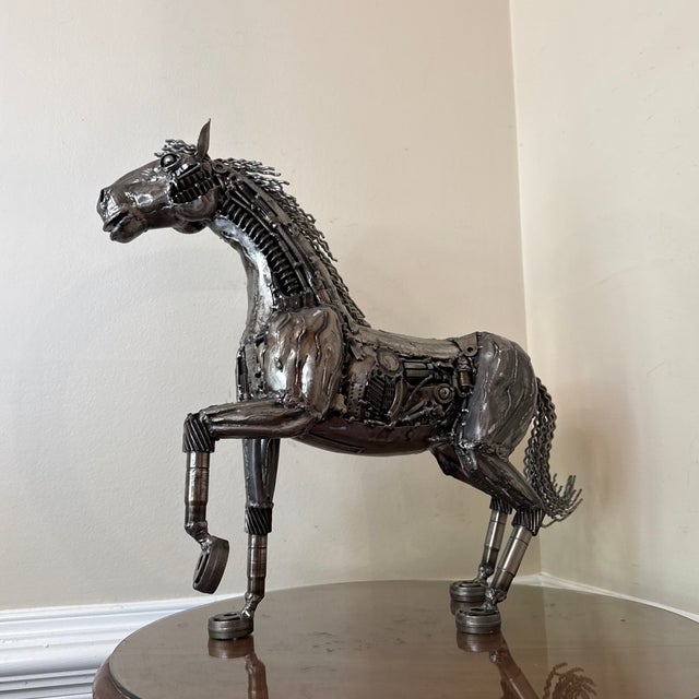 Silver Vintage Industrial Recycled Metal Horse Sculpture Signed For Sale - Image 8 of 11