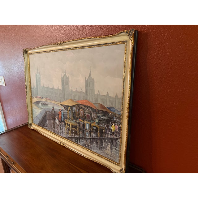 Beautiful framed oil painting on canvas. Has a cool London, England cityscape scene showing the Thames river, a vendor...
