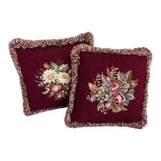 Vintage Burgundy Floral Needlepoint Pillows With Silk Backs, Pair For Sale