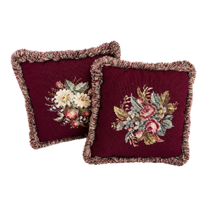 Vintage Burgundy Needlepoint Floral Pillows, Pair Wool and Silk