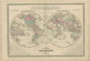 Antique Map of the World in Hemispheres by Johnson, 1872
