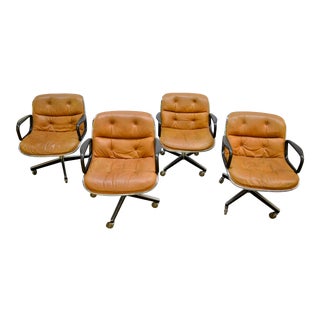 1970s Vintage Charles Pollock for Knoll International Buckskin Brown Leather Executive Chair- Set of 4 For Sale