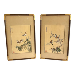Antique Japanese Silk Bird & Bamboo Paintings, Meiji–Taishō Era, Pair