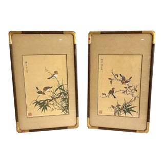 Pair of Vintage Chinese Bird & Flower Silk Paintings, Signed Yiren For Sale