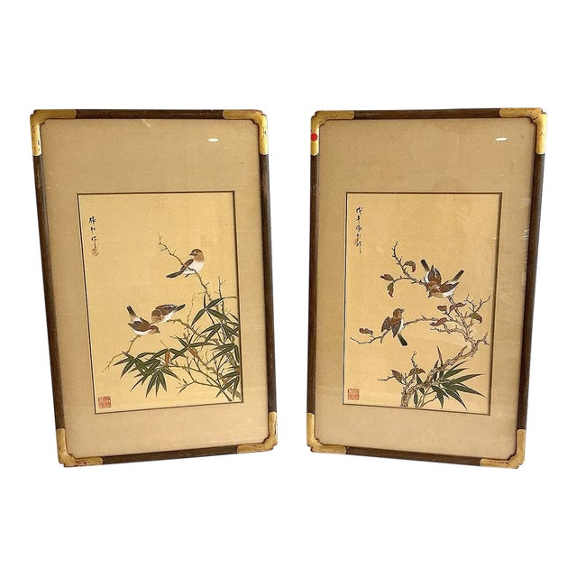 Pair of Vintage Chinese Bird & Flower Silk Paintings, Signed Yiren For Sale