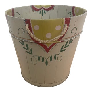 Primitive Vintage Hand-Painted Wooden Folk Art Bucket by Helen Hume For Sale