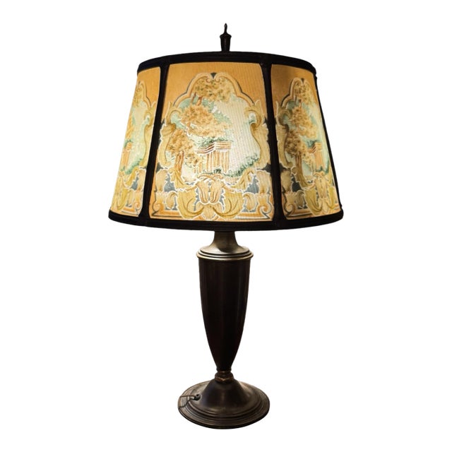 Early 20th Century Arts& Crafts Bradley & Hubbard Table Lamp Reverse Painted Ribbed 6 Panel Scenic Glass Shade For Sale