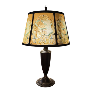Early 20th Century Arts& Crafts Bradley & Hubbard Table Lamp Reverse Painted Ribbed 6 Panel Scenic Glass Shade