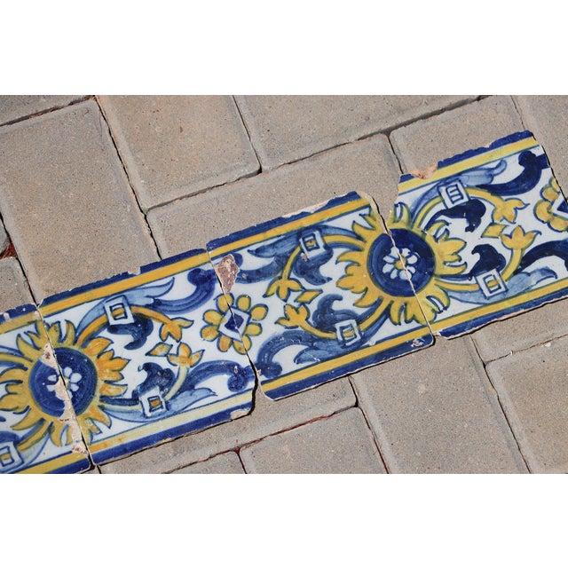 17th Century Portuguese Floral Border Tiles Set of 10 Blue, Yellow & White Antique For Sale - Image 10 of 12