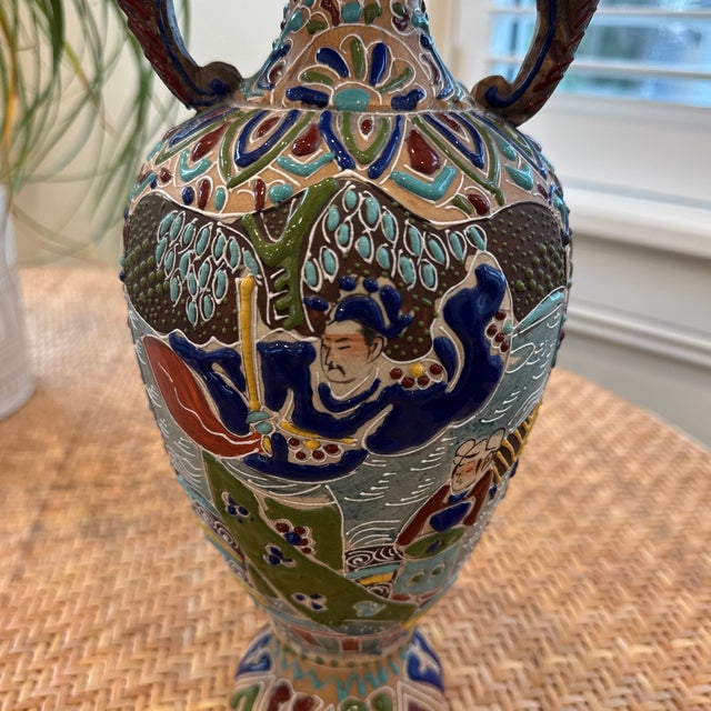 Ceramic Antique Japanese Double Handled Moriage Satsuma Vase For Sale - Image 7 of 12