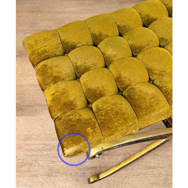 Metal Vintage French Regency Double X Gilded Green Velvet Tuft Window Bench For Sale - Image 7 of 15