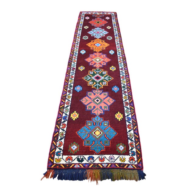 Burgundy Turkish Runner Rug. Hand-Knotted Tribal Deep Pink Color Hallway Rug, Kitchen Decor - 3′ × 12′ For Sale - Image 8 of 17