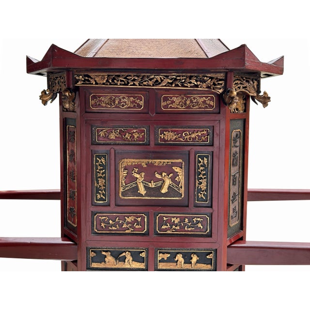 Brick Red Chinese Vintage Red Gold Carving Wedding Cart Bridal Sedan Chair Display For Sale - Image 8 of 8