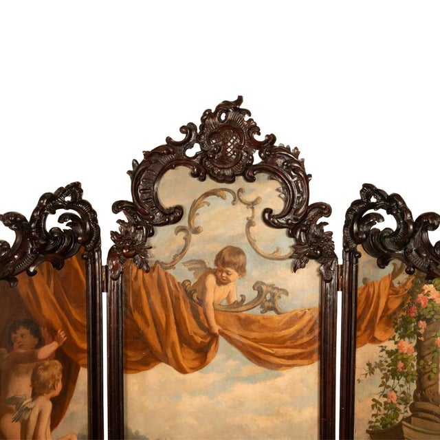 Antique French Rococo Oil Canvas Walnut Painting Landscape Cherubs Screen 1870 For Sale - Image 10 of 18