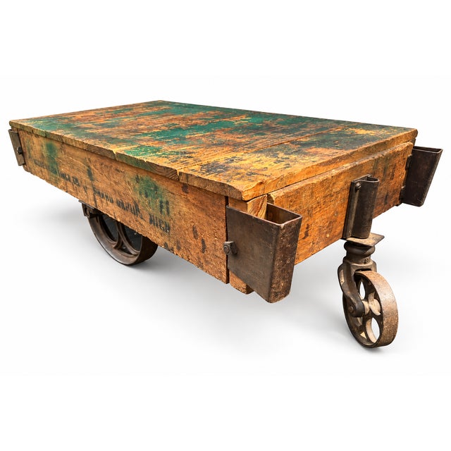 Early 20th Century Globe Vise & Truck Co. Industrial Original Patina Green Oak Factory Cart For Sale - Image 4 of 18