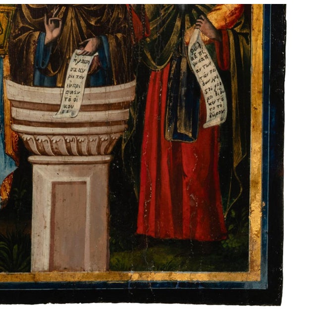Antique Greek Eastern Orthodox Religious Painted Icon Egg Tempera 3 Saints 1780 For Sale - Image 12 of 15