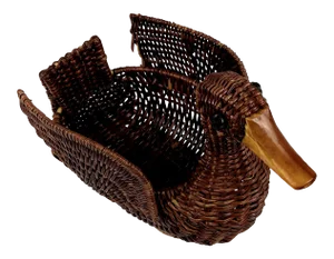 Boho 1970s Woven Wicker Duck Trinket Basket