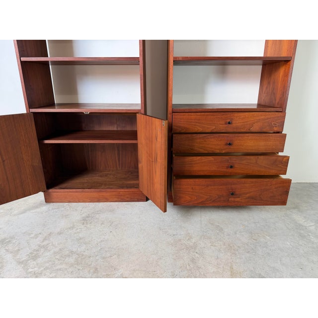 1960s 1960s Mid-Century Modern Jack Cartwright for Founders Furniture Walnut & Cane Storage Cabinets – A Pair For Sale - Image 5 of 16